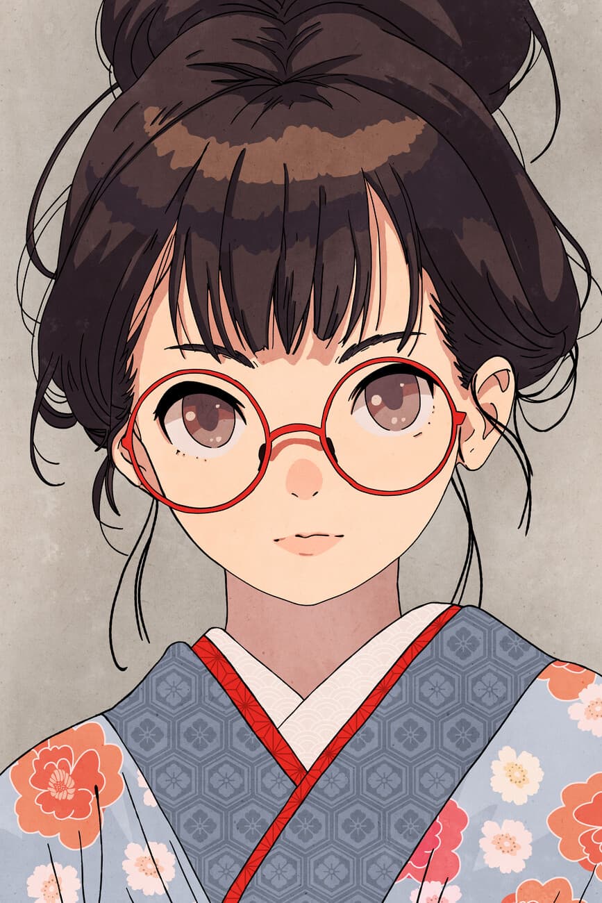 Anime girl with glasses and a patterned outfit