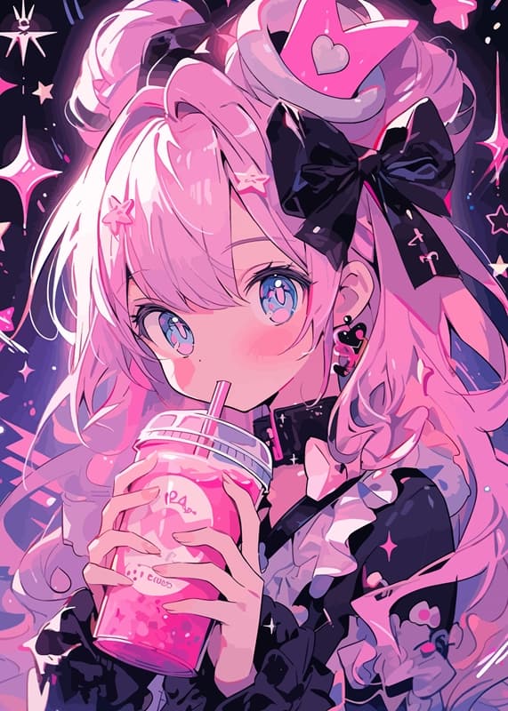 Pink anime character with fantasy accessories and a drink